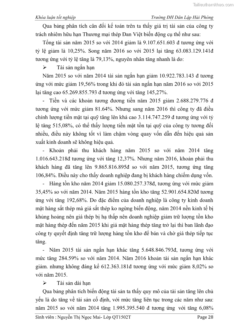 Khóa luận tốt nghiệp tài chính ngân hàng Phân tích tình hình tài chính tại Công ty Thép Đan Việt - 4 Trang 37