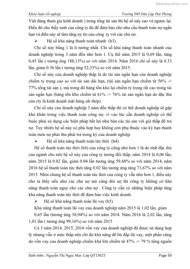 Khóa luận tốt nghiệp tài chính ngân hàng Phân tích tình hình tài chính tại Công ty Thép Đan Việt - 5 Trang 59