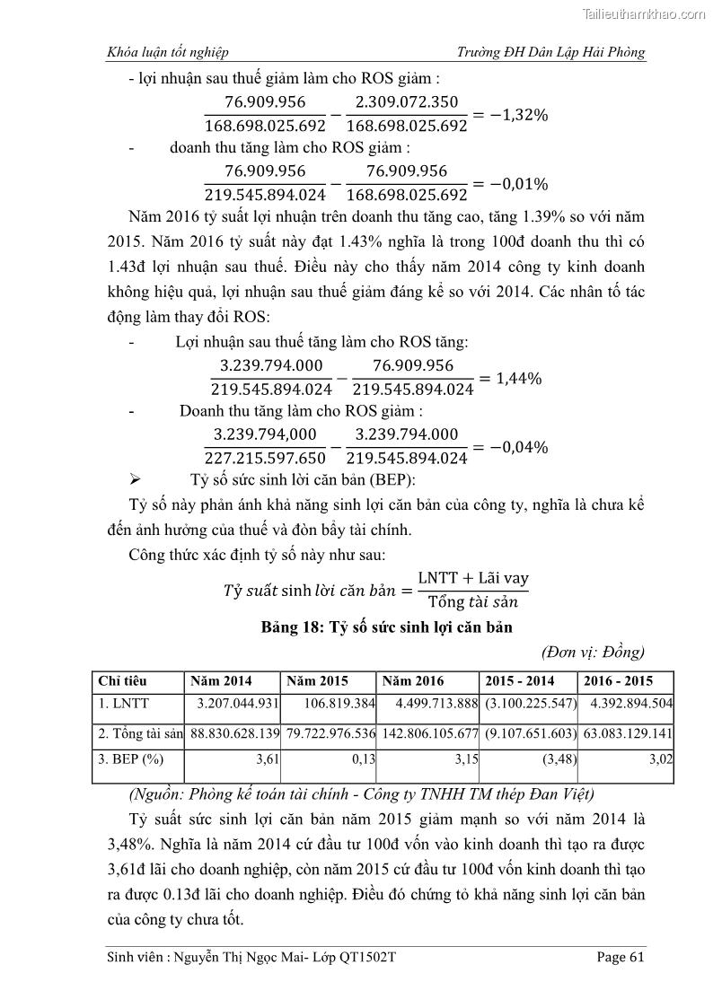 Khóa luận tốt nghiệp tài chính ngân hàng Phân tích tình hình tài chính tại Công ty Thép Đan Việt - 6 Trang 70