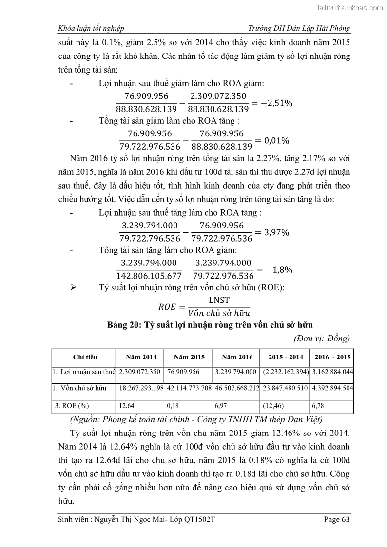 Khóa luận tốt nghiệp tài chính ngân hàng Phân tích tình hình tài chính tại Công ty Thép Đan Việt - 6 Trang 72