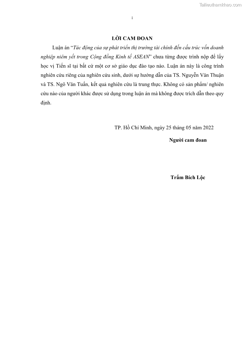Luận án tiến sĩ tài chính ngân hàng Tác động của sự phát triển thị trường tài chính đến cấu trúc vốn doanh nghiệp niêm yết trong Cộng đồng Kinh tế ASEAN - 1 Trang 2