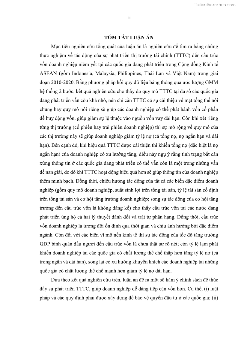 Luận án tiến sĩ tài chính ngân hàng Tác động của sự phát triển thị trường tài chính đến cấu trúc vốn doanh nghiệp niêm yết trong Cộng đồng Kinh tế ASEAN - 1 Trang 4