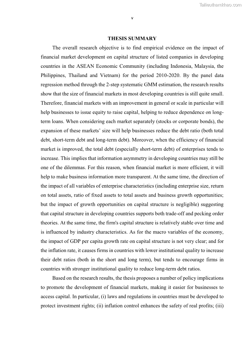 Luận án tiến sĩ tài chính ngân hàng Tác động của sự phát triển thị trường tài chính đến cấu trúc vốn doanh nghiệp niêm yết trong Cộng đồng Kinh tế ASEAN - 1 Trang 6