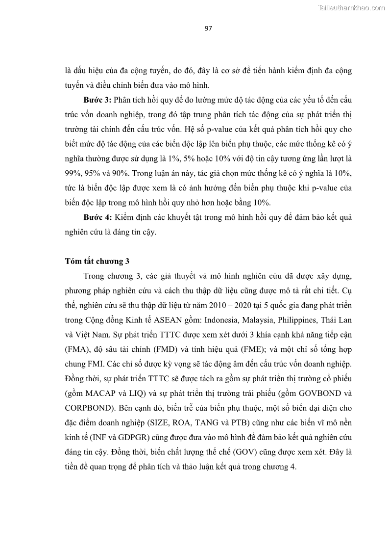Luận án tiến sĩ tài chính ngân hàng Tác động của sự phát triển thị trường tài chính đến cấu trúc vốn doanh nghiệp niêm yết trong Cộng đồng Kinh tế ASEAN - 10 Trang 110