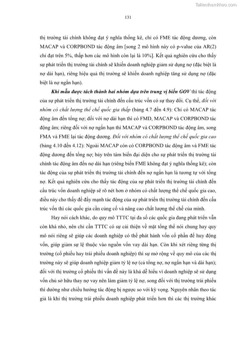 Luận án tiến sĩ tài chính ngân hàng Tác động của sự phát triển thị trường tài chính đến cấu trúc vốn doanh nghiệp niêm yết trong Cộng đồng Kinh tế ASEAN - 12 Trang 144