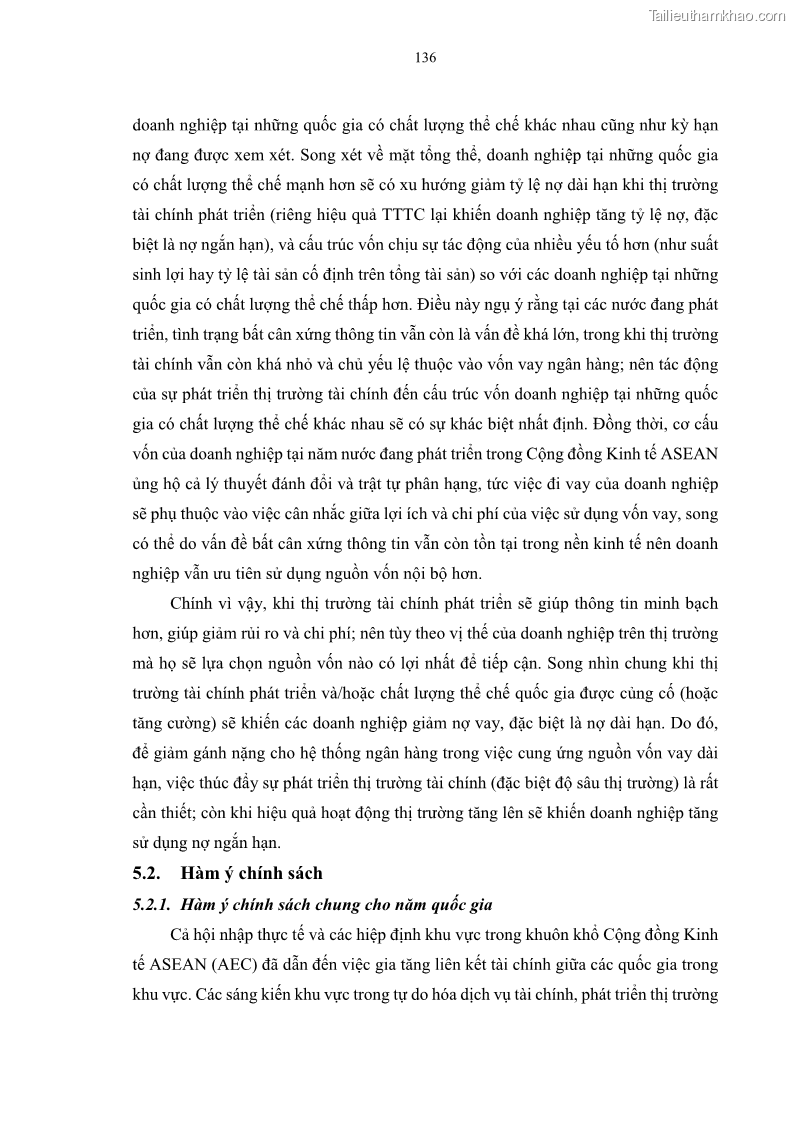 Luận án tiến sĩ tài chính ngân hàng Tác động của sự phát triển thị trường tài chính đến cấu trúc vốn doanh nghiệp niêm yết trong Cộng đồng Kinh tế ASEAN - 13 Trang 149