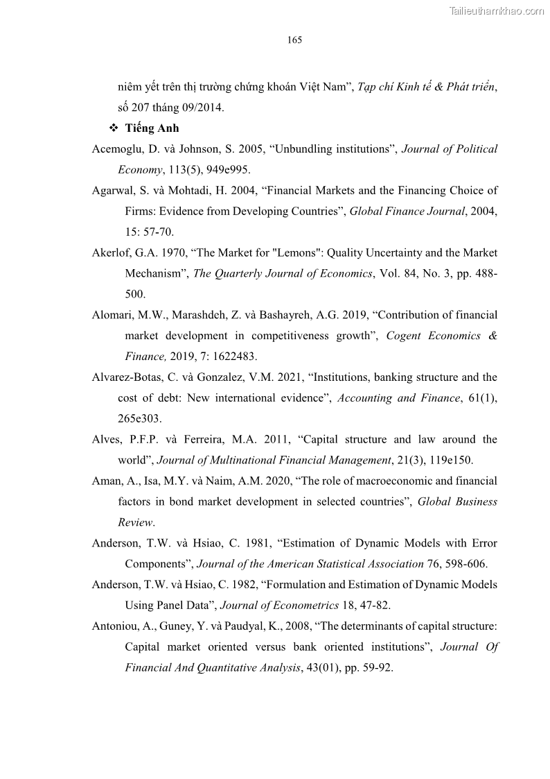 Luận án tiến sĩ tài chính ngân hàng Tác động của sự phát triển thị trường tài chính đến cấu trúc vốn doanh nghiệp niêm yết trong Cộng đồng Kinh tế ASEAN - 15 Trang 178