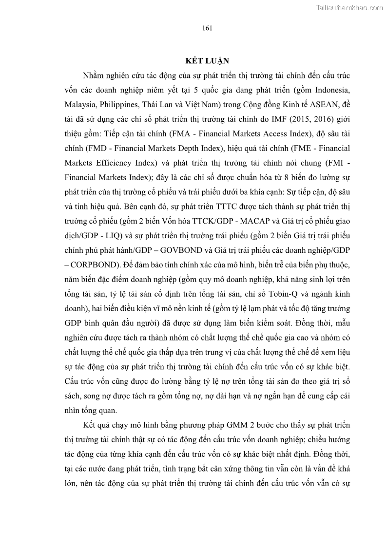 Luận án tiến sĩ tài chính ngân hàng Tác động của sự phát triển thị trường tài chính đến cấu trúc vốn doanh nghiệp niêm yết trong Cộng đồng Kinh tế ASEAN - 15 Trang 174