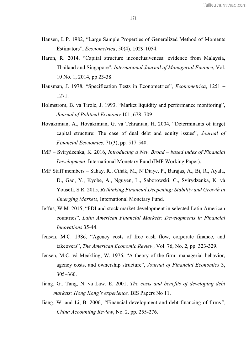 Luận án tiến sĩ tài chính ngân hàng Tác động của sự phát triển thị trường tài chính đến cấu trúc vốn doanh nghiệp niêm yết trong Cộng đồng Kinh tế ASEAN - 16 Trang 184