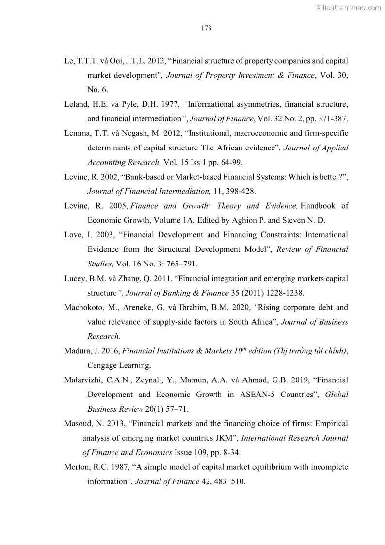 Luận án tiến sĩ tài chính ngân hàng Tác động của sự phát triển thị trường tài chính đến cấu trúc vốn doanh nghiệp niêm yết trong Cộng đồng Kinh tế ASEAN - 16 Trang 186