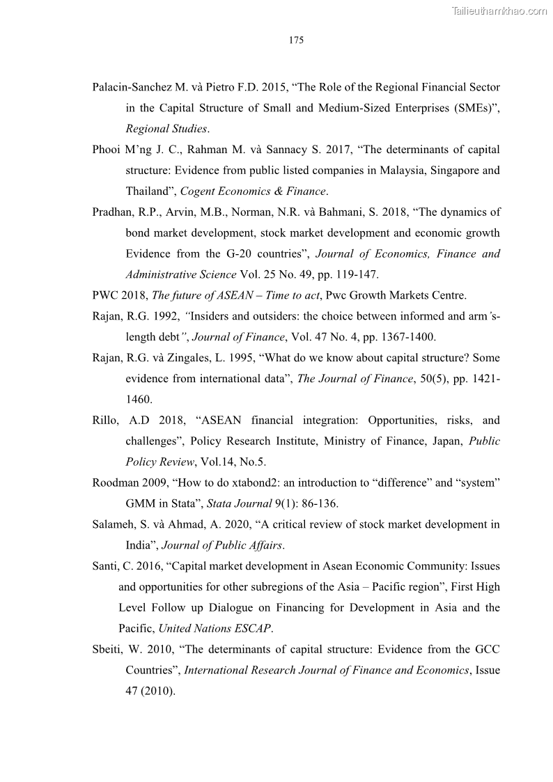 Luận án tiến sĩ tài chính ngân hàng Tác động của sự phát triển thị trường tài chính đến cấu trúc vốn doanh nghiệp niêm yết trong Cộng đồng Kinh tế ASEAN - 16 Trang 188
