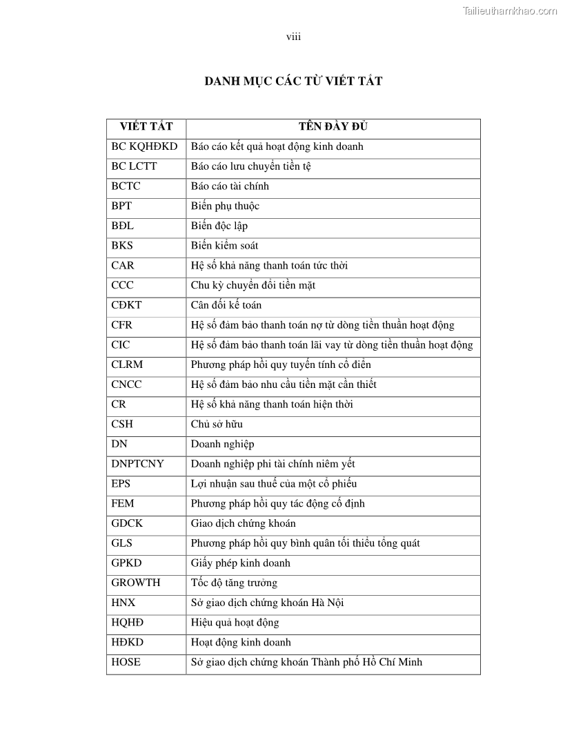 Luận án tiến sĩ tài chính ngân hàng Tác động của tính thanh khoản đến hiệu quả tài chính của các Công ty phi tài chính niêm yết trên thị trường chứng khoán Việt Nam - 1 Trang 8