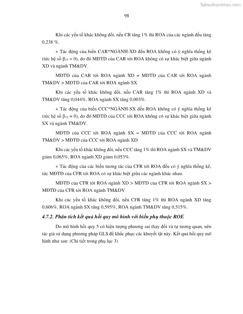 Luận án tiến sĩ tài chính ngân hàng Tác động của tính thanh khoản đến hiệu quả tài chính của các Công ty phi tài chính niêm yết trên thị trường chứng khoán Việt Nam - 10 Trang 111