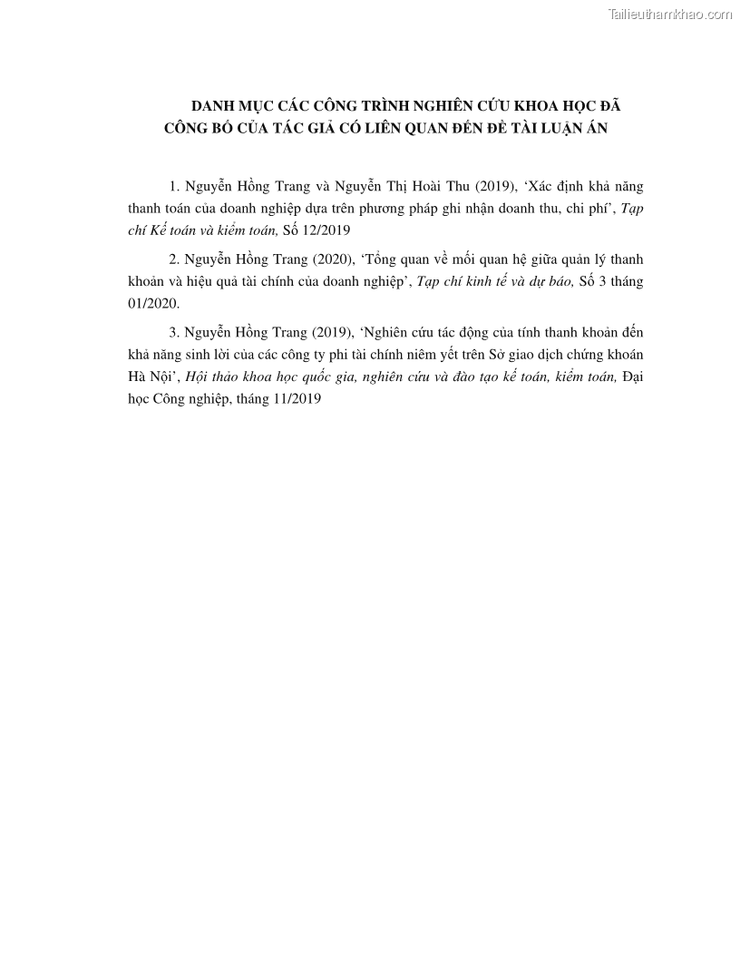 Luận án tiến sĩ tài chính ngân hàng Tác động của tính thanh khoản đến hiệu quả tài chính của các Công ty phi tài chính niêm yết trên thị trường chứng khoán Việt Nam - 13 Trang 152