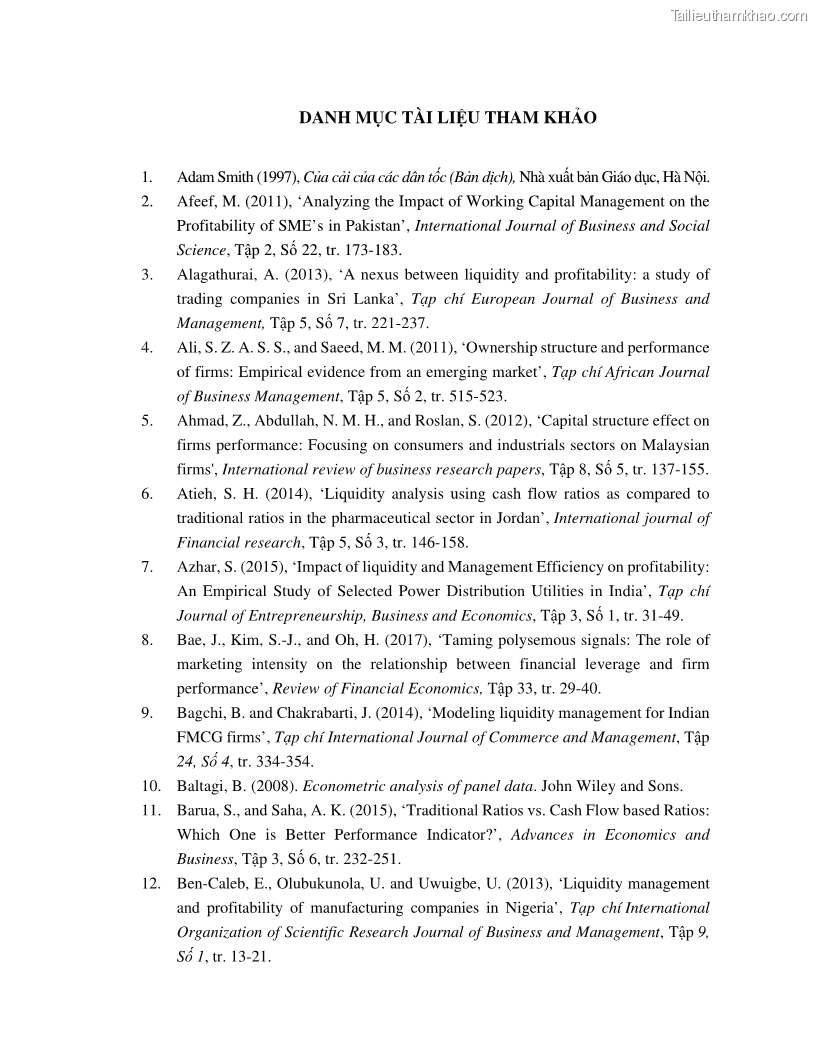 Luận án tiến sĩ tài chính ngân hàng Tác động của tính thanh khoản đến hiệu quả tài chính của các Công ty phi tài chính niêm yết trên thị trường chứng khoán Việt Nam - 13 Trang 153