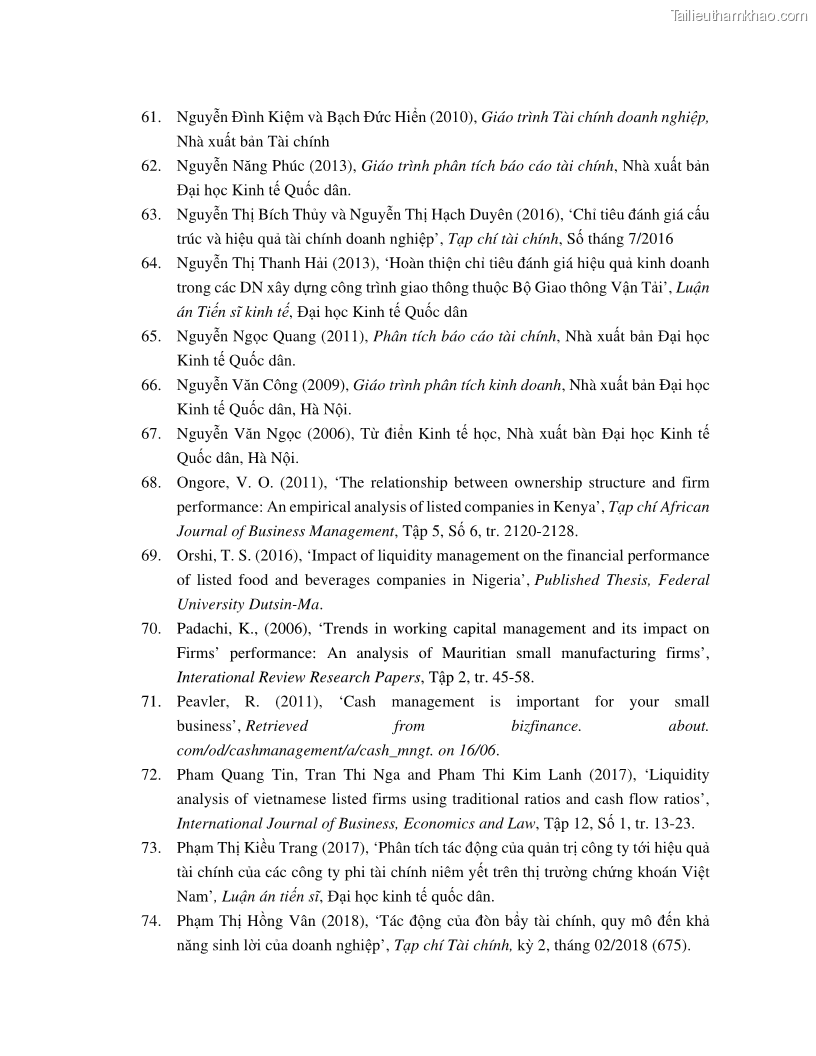 Luận án tiến sĩ tài chính ngân hàng Tác động của tính thanh khoản đến hiệu quả tài chính của các Công ty phi tài chính niêm yết trên thị trường chứng khoán Việt Nam - 14 Trang 158