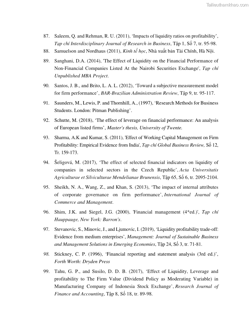 Luận án tiến sĩ tài chính ngân hàng Tác động của tính thanh khoản đến hiệu quả tài chính của các Công ty phi tài chính niêm yết trên thị trường chứng khoán Việt Nam - 14 Trang 160
