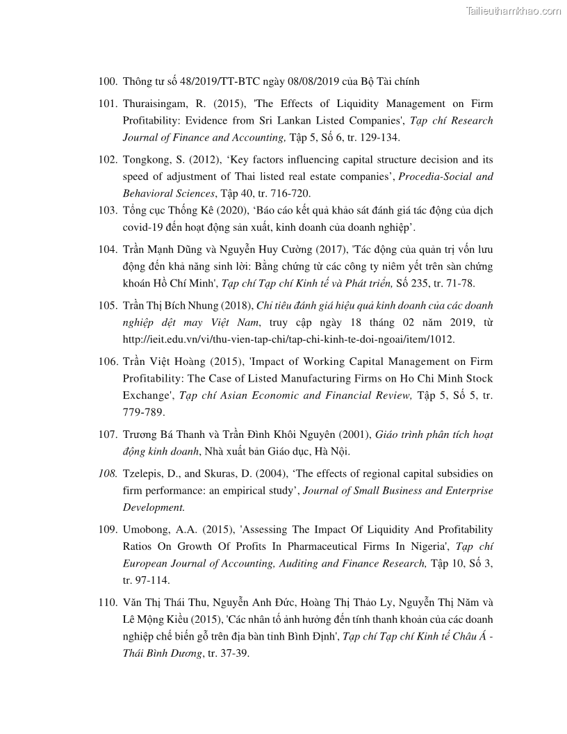 Luận án tiến sĩ tài chính ngân hàng Tác động của tính thanh khoản đến hiệu quả tài chính của các Công ty phi tài chính niêm yết trên thị trường chứng khoán Việt Nam - 14 Trang 161