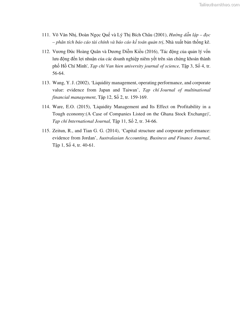 Luận án tiến sĩ tài chính ngân hàng Tác động của tính thanh khoản đến hiệu quả tài chính của các Công ty phi tài chính niêm yết trên thị trường chứng khoán Việt Nam - 14 Trang 162
