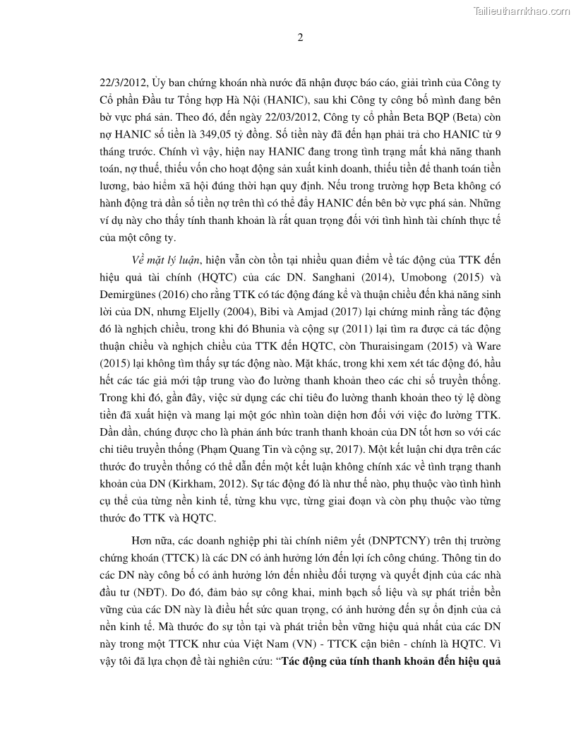 Luận án tiến sĩ tài chính ngân hàng Tác động của tính thanh khoản đến hiệu quả tài chính của các Công ty phi tài chính niêm yết trên thị trường chứng khoán Việt Nam - 2 Trang 15