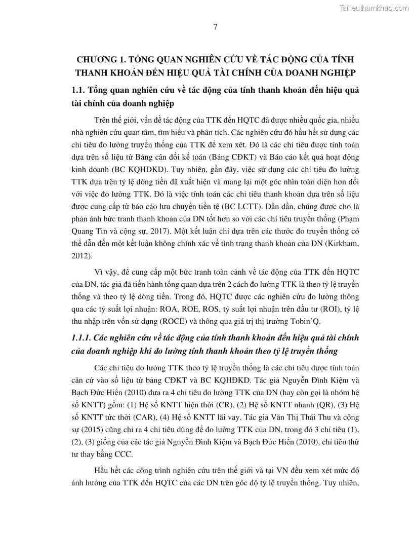 Luận án tiến sĩ tài chính ngân hàng Tác động của tính thanh khoản đến hiệu quả tài chính của các Công ty phi tài chính niêm yết trên thị trường chứng khoán Việt Nam - 2 Trang 20