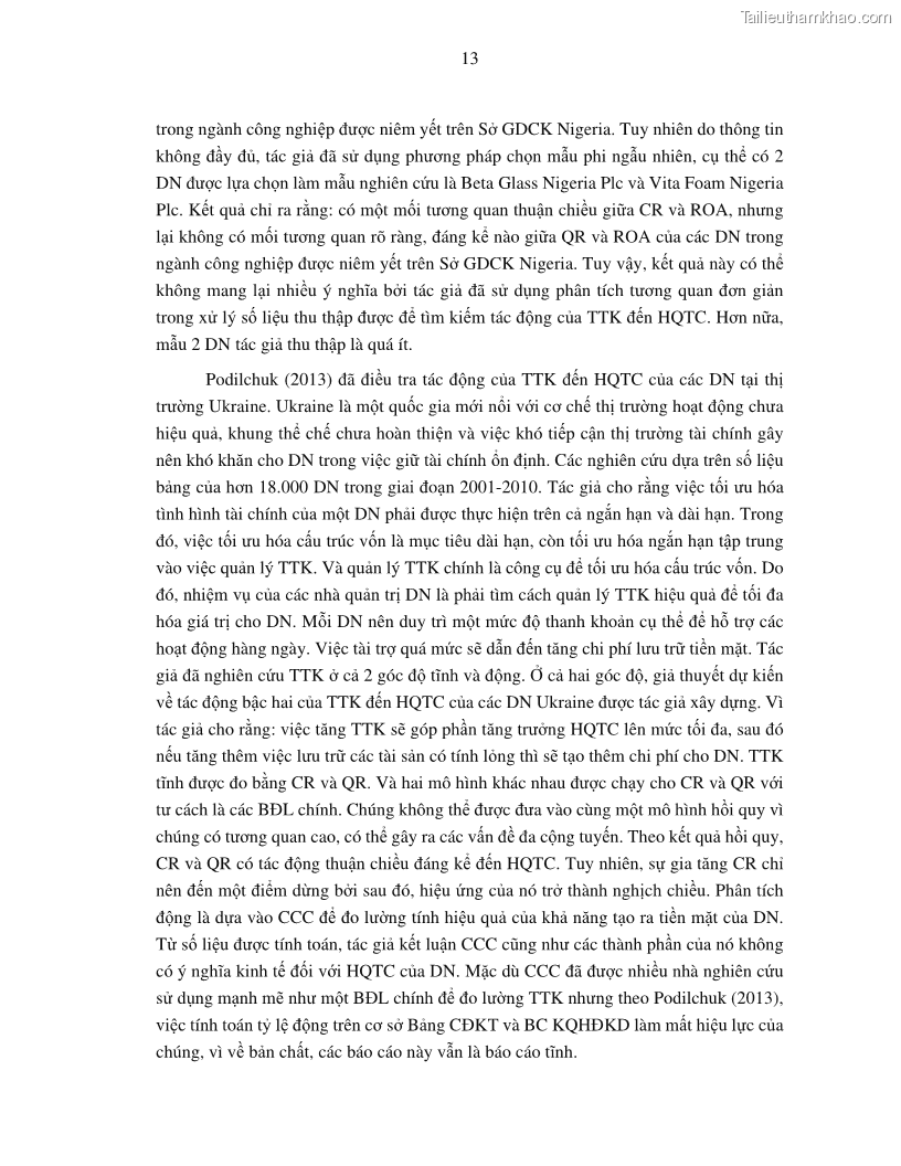 Luận án tiến sĩ tài chính ngân hàng Tác động của tính thanh khoản đến hiệu quả tài chính của các Công ty phi tài chính niêm yết trên thị trường chứng khoán Việt Nam - 3 Trang 26