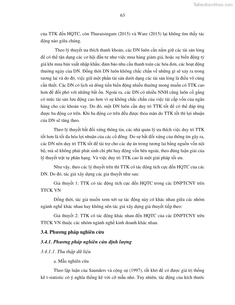 Luận án tiến sĩ tài chính ngân hàng Tác động của tính thanh khoản đến hiệu quả tài chính của các Công ty phi tài chính niêm yết trên thị trường chứng khoán Việt Nam - 7 Trang 76