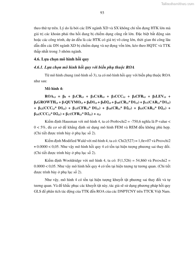 Luận án tiến sĩ tài chính ngân hàng Tác động của tính thanh khoản đến hiệu quả tài chính của các Công ty phi tài chính niêm yết trên thị trường chứng khoán Việt Nam - 9 Trang 106