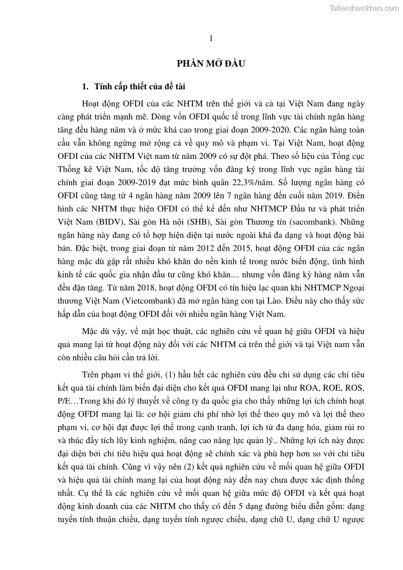 Luận án tiến sĩ tài chính ngân hàng Tác động hoạt động đầu tư trực tiếp ra nước ngoài đến hiệu quả hoạt động tại các NHTM Việt Nam - 1 Trang 11