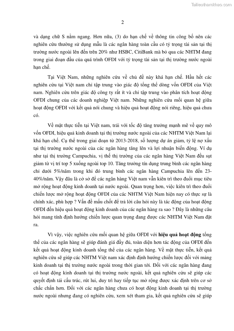 Luận án tiến sĩ tài chính ngân hàng Tác động hoạt động đầu tư trực tiếp ra nước ngoài đến hiệu quả hoạt động tại các NHTM Việt Nam - 1 Trang 12