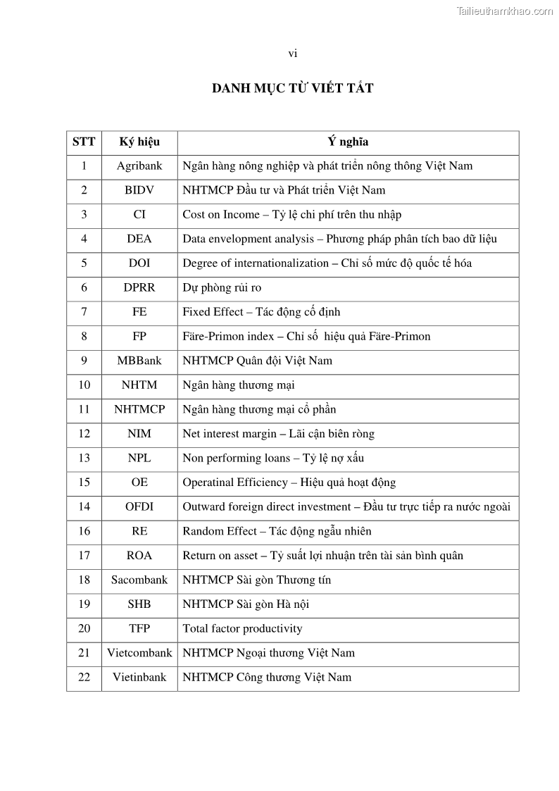 Luận án tiến sĩ tài chính ngân hàng Tác động hoạt động đầu tư trực tiếp ra nước ngoài đến hiệu quả hoạt động tại các NHTM Việt Nam - 1 Trang 8