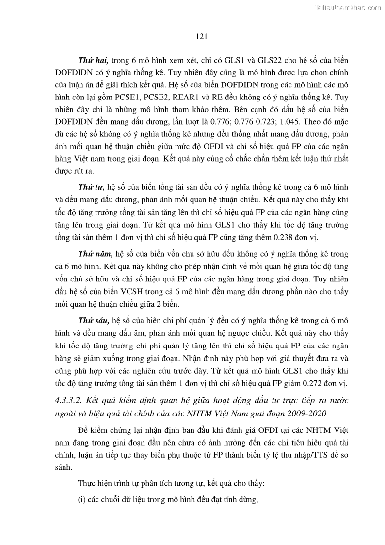 Luận án tiến sĩ tài chính ngân hàng Tác động hoạt động đầu tư trực tiếp ra nước ngoài đến hiệu quả hoạt động tại các NHTM Việt Nam - 11 Trang 131
