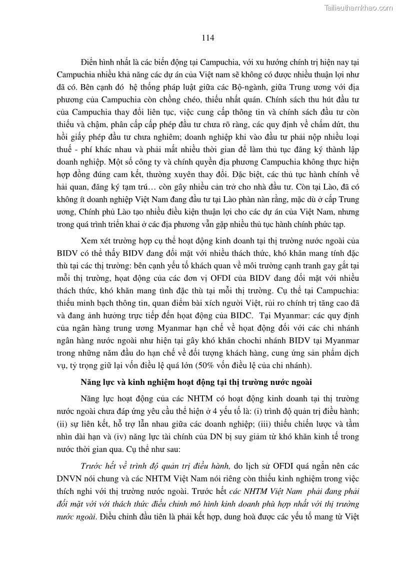 Luận án tiến sĩ tài chính ngân hàng Tác động hoạt động đầu tư trực tiếp ra nước ngoài đến hiệu quả hoạt động tại các NHTM Việt Nam - 11 Trang 124