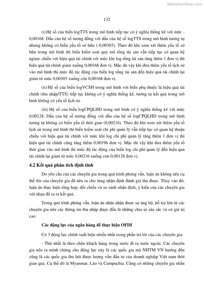 Luận án tiến sĩ tài chính ngân hàng Tác động hoạt động đầu tư trực tiếp ra nước ngoài đến hiệu quả hoạt động tại các NHTM Việt Nam - 12 Trang 142