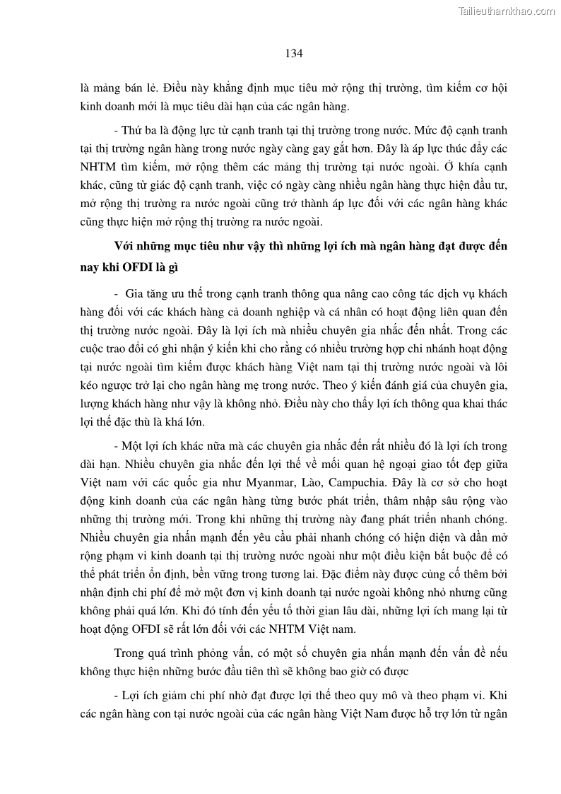 Luận án tiến sĩ tài chính ngân hàng Tác động hoạt động đầu tư trực tiếp ra nước ngoài đến hiệu quả hoạt động tại các NHTM Việt Nam - 12 Trang 144