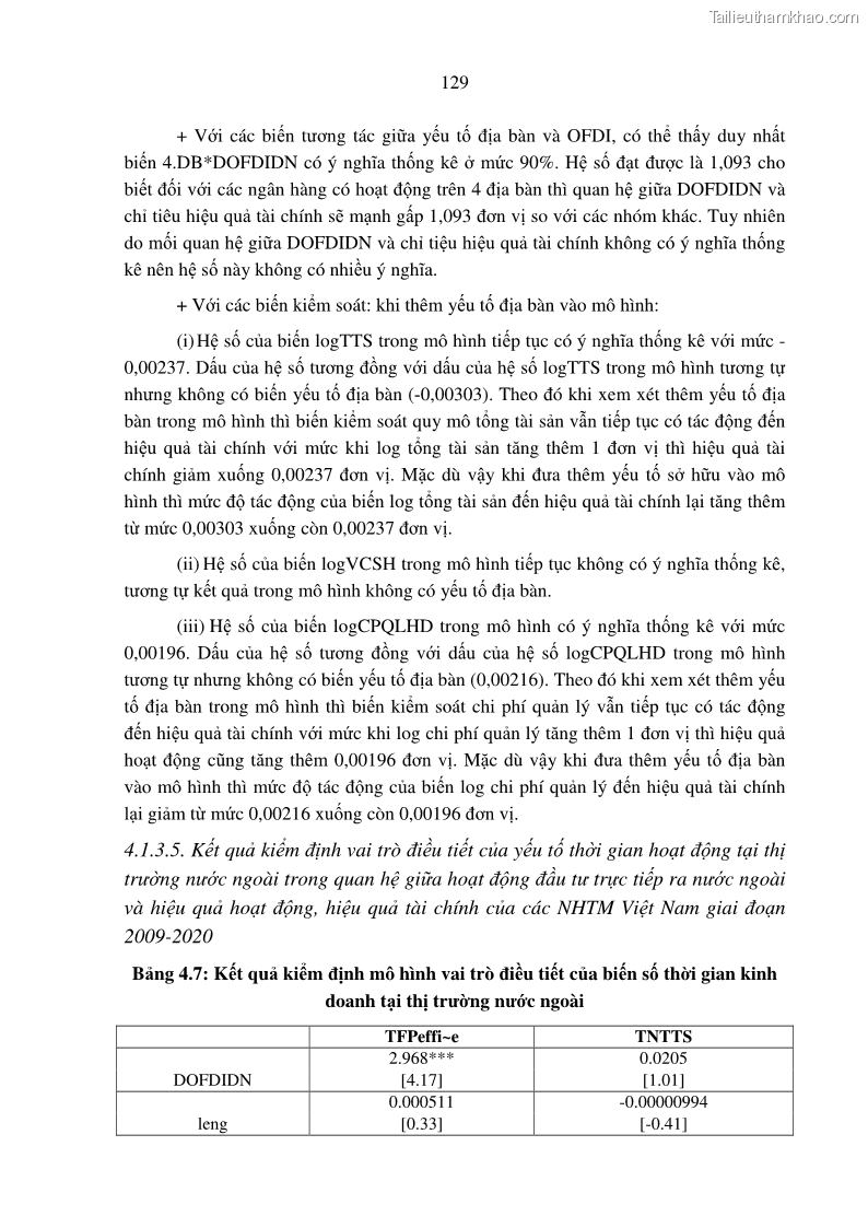 Luận án tiến sĩ tài chính ngân hàng Tác động hoạt động đầu tư trực tiếp ra nước ngoài đến hiệu quả hoạt động tại các NHTM Việt Nam - 12 Trang 139