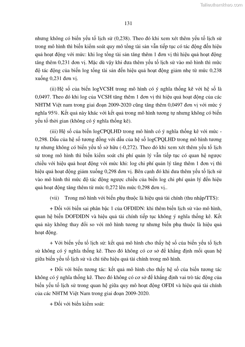 Luận án tiến sĩ tài chính ngân hàng Tác động hoạt động đầu tư trực tiếp ra nước ngoài đến hiệu quả hoạt động tại các NHTM Việt Nam - 12 Trang 141