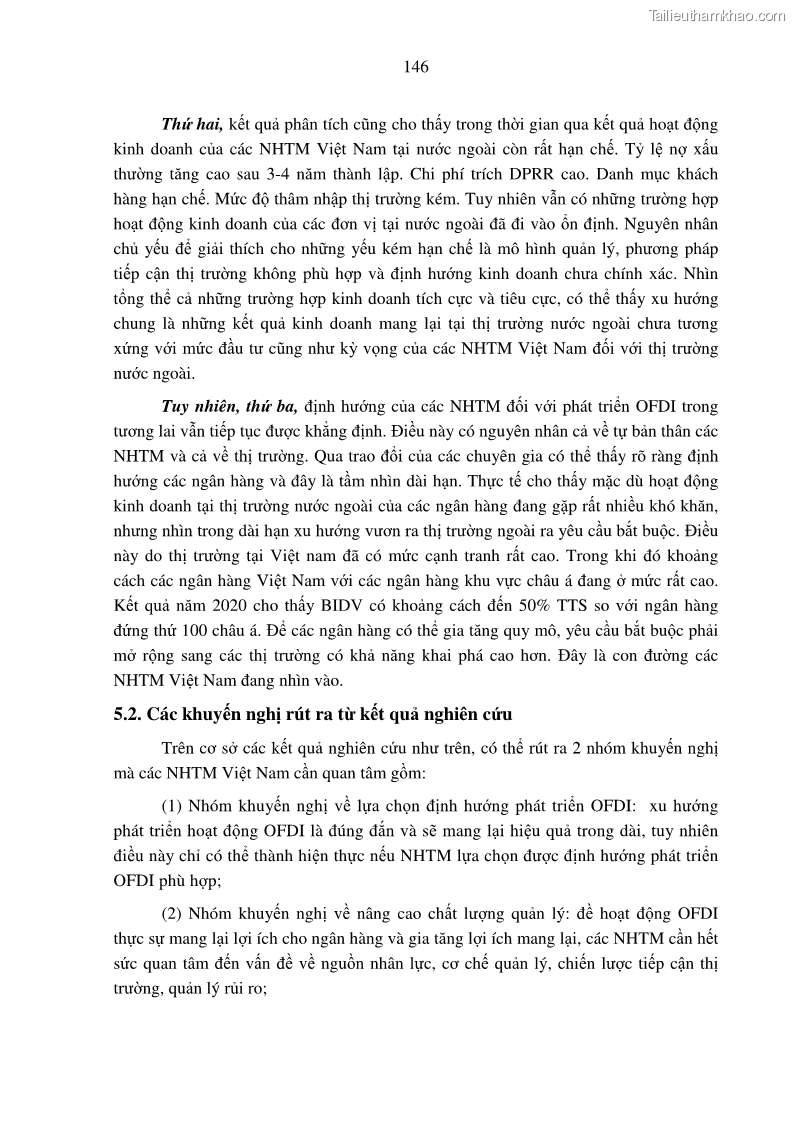 Luận án tiến sĩ tài chính ngân hàng Tác động hoạt động đầu tư trực tiếp ra nước ngoài đến hiệu quả hoạt động tại các NHTM Việt Nam - 13 Trang 156