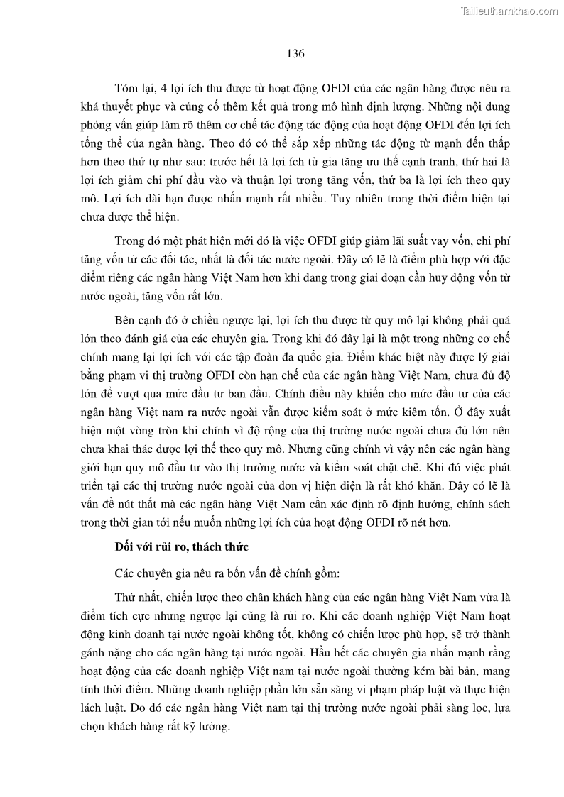 Luận án tiến sĩ tài chính ngân hàng Tác động hoạt động đầu tư trực tiếp ra nước ngoài đến hiệu quả hoạt động tại các NHTM Việt Nam - 13 Trang 146