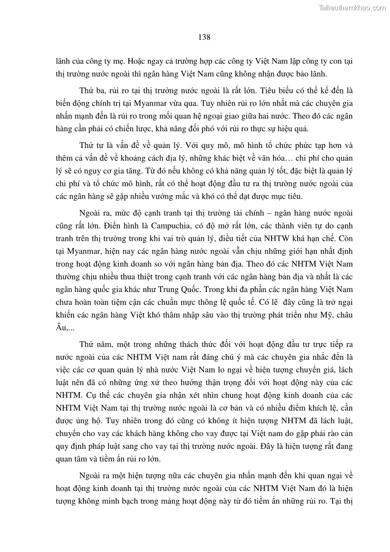 Luận án tiến sĩ tài chính ngân hàng Tác động hoạt động đầu tư trực tiếp ra nước ngoài đến hiệu quả hoạt động tại các NHTM Việt Nam - 13 Trang 148