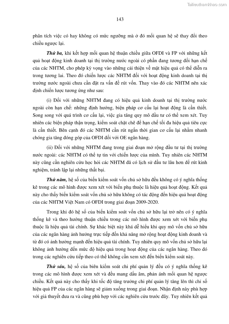 Luận án tiến sĩ tài chính ngân hàng Tác động hoạt động đầu tư trực tiếp ra nước ngoài đến hiệu quả hoạt động tại các NHTM Việt Nam - 13 Trang 153