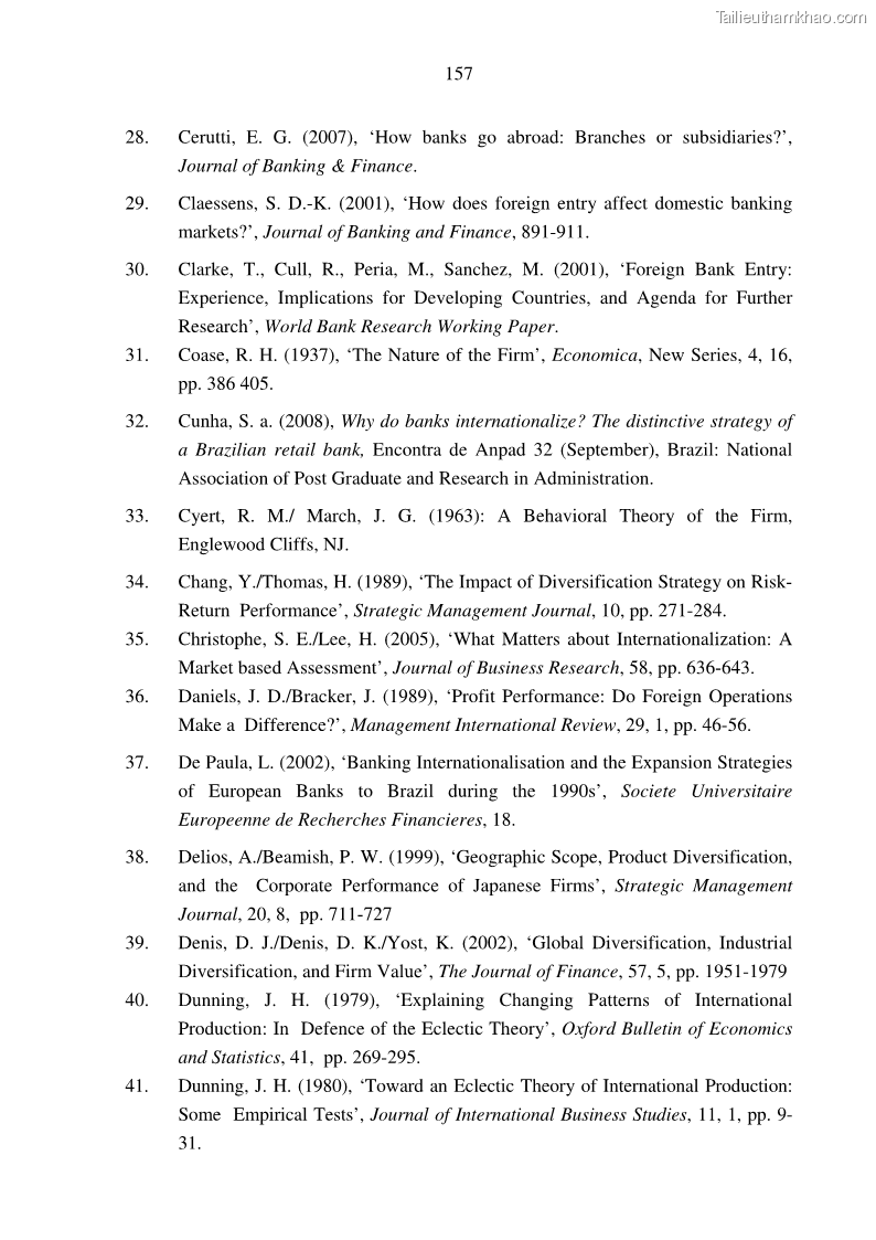 Luận án tiến sĩ tài chính ngân hàng Tác động hoạt động đầu tư trực tiếp ra nước ngoài đến hiệu quả hoạt động tại các NHTM Việt Nam - 14 Trang 167