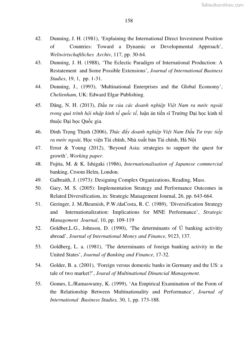 Luận án tiến sĩ tài chính ngân hàng Tác động hoạt động đầu tư trực tiếp ra nước ngoài đến hiệu quả hoạt động tại các NHTM Việt Nam - 14 Trang 168