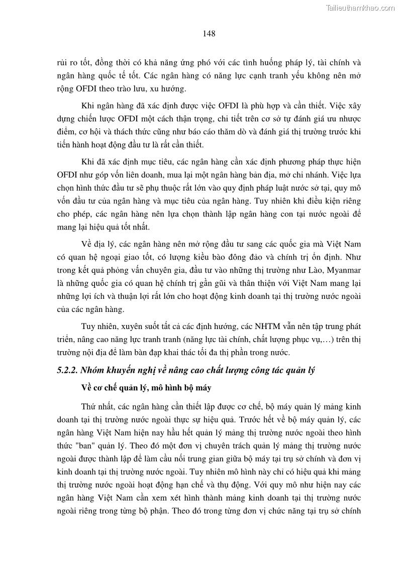 Luận án tiến sĩ tài chính ngân hàng Tác động hoạt động đầu tư trực tiếp ra nước ngoài đến hiệu quả hoạt động tại các NHTM Việt Nam - 14 Trang 158