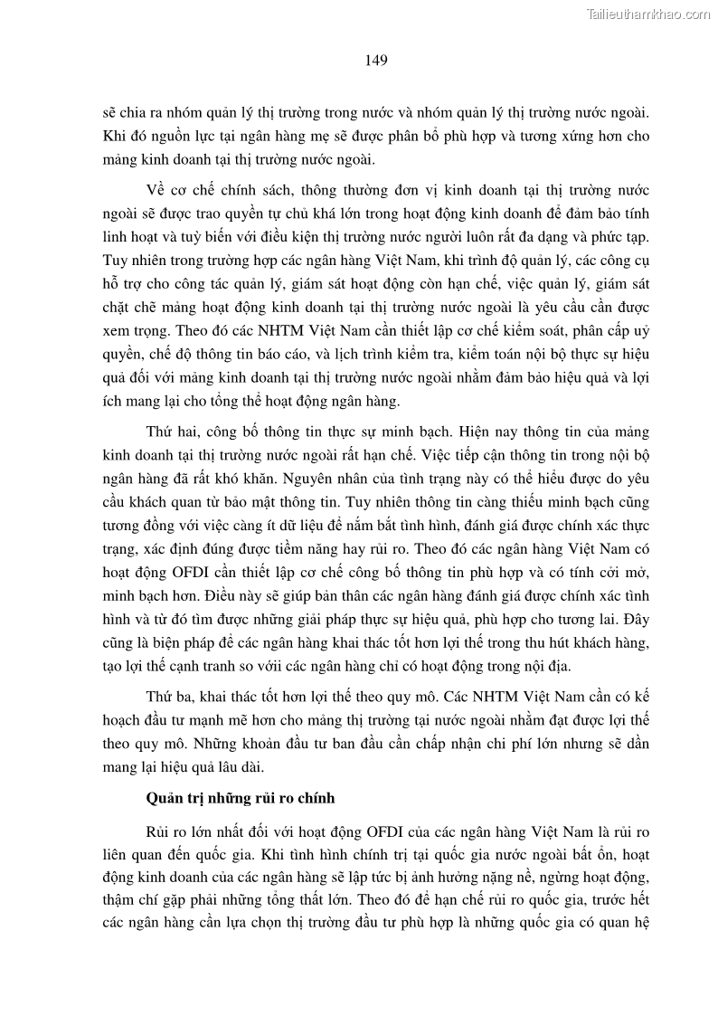 Luận án tiến sĩ tài chính ngân hàng Tác động hoạt động đầu tư trực tiếp ra nước ngoài đến hiệu quả hoạt động tại các NHTM Việt Nam - 14 Trang 159
