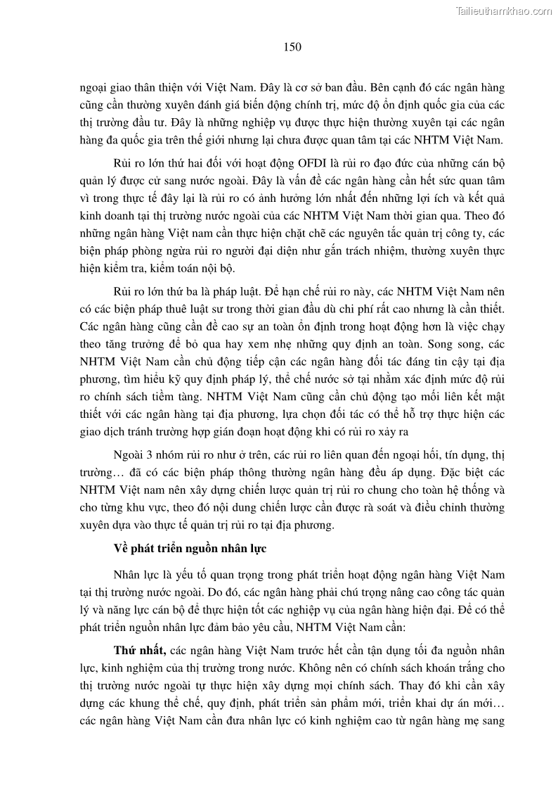 Luận án tiến sĩ tài chính ngân hàng Tác động hoạt động đầu tư trực tiếp ra nước ngoài đến hiệu quả hoạt động tại các NHTM Việt Nam - 14 Trang 160
