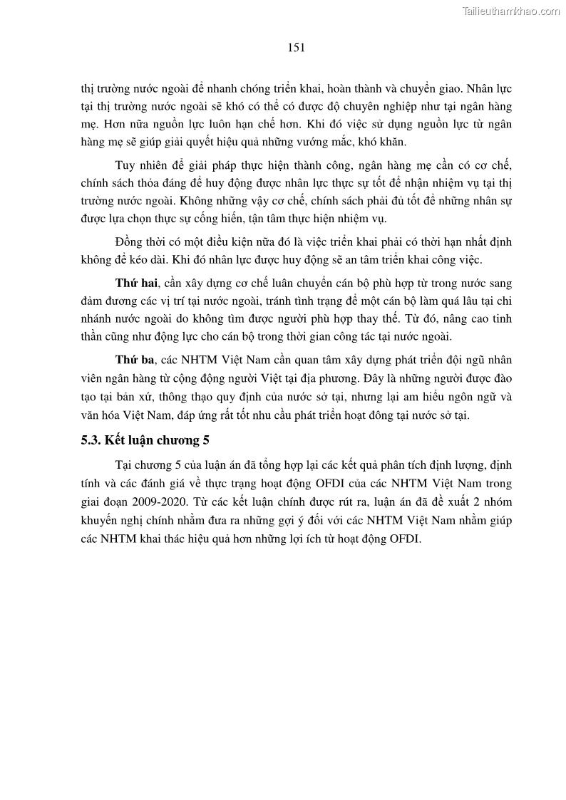 Luận án tiến sĩ tài chính ngân hàng Tác động hoạt động đầu tư trực tiếp ra nước ngoài đến hiệu quả hoạt động tại các NHTM Việt Nam - 14 Trang 161