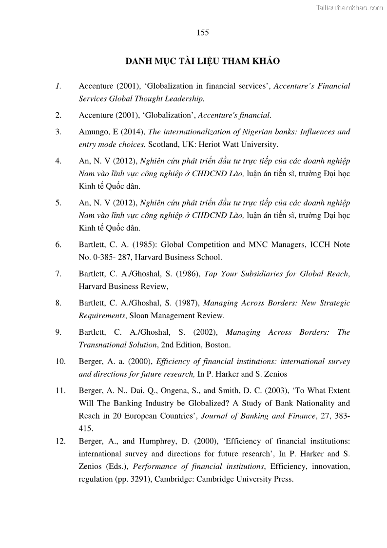 Luận án tiến sĩ tài chính ngân hàng Tác động hoạt động đầu tư trực tiếp ra nước ngoài đến hiệu quả hoạt động tại các NHTM Việt Nam - 14 Trang 165