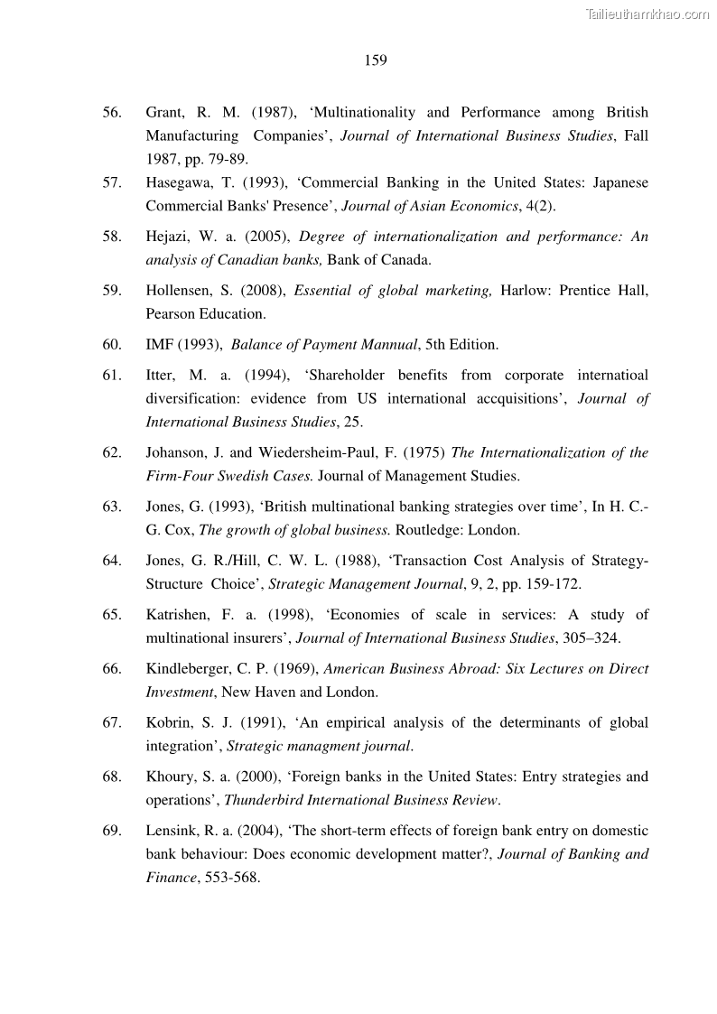 Luận án tiến sĩ tài chính ngân hàng Tác động hoạt động đầu tư trực tiếp ra nước ngoài đến hiệu quả hoạt động tại các NHTM Việt Nam - 15 Trang 169