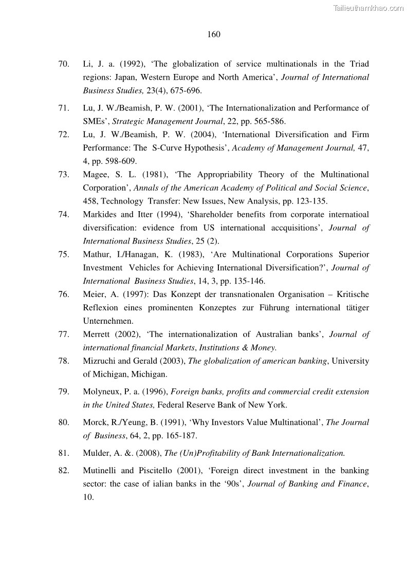 Luận án tiến sĩ tài chính ngân hàng Tác động hoạt động đầu tư trực tiếp ra nước ngoài đến hiệu quả hoạt động tại các NHTM Việt Nam - 15 Trang 170